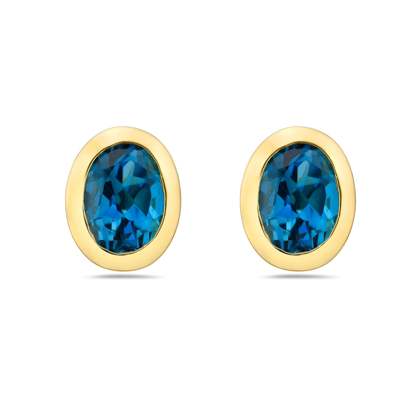 14K Gold London Blue Topaz Bezel Set 7x5 Oval Studs