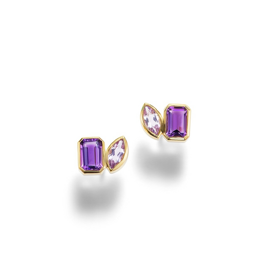 14K Gold Toi Et Moi Emerald Cut and Marquise Bezel Studs