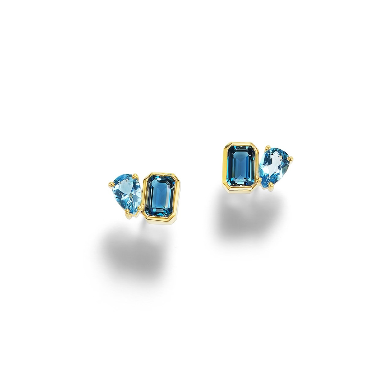 14K Toi Et Moi Emerald Cut Bezel and Pear Shape Prong Studs