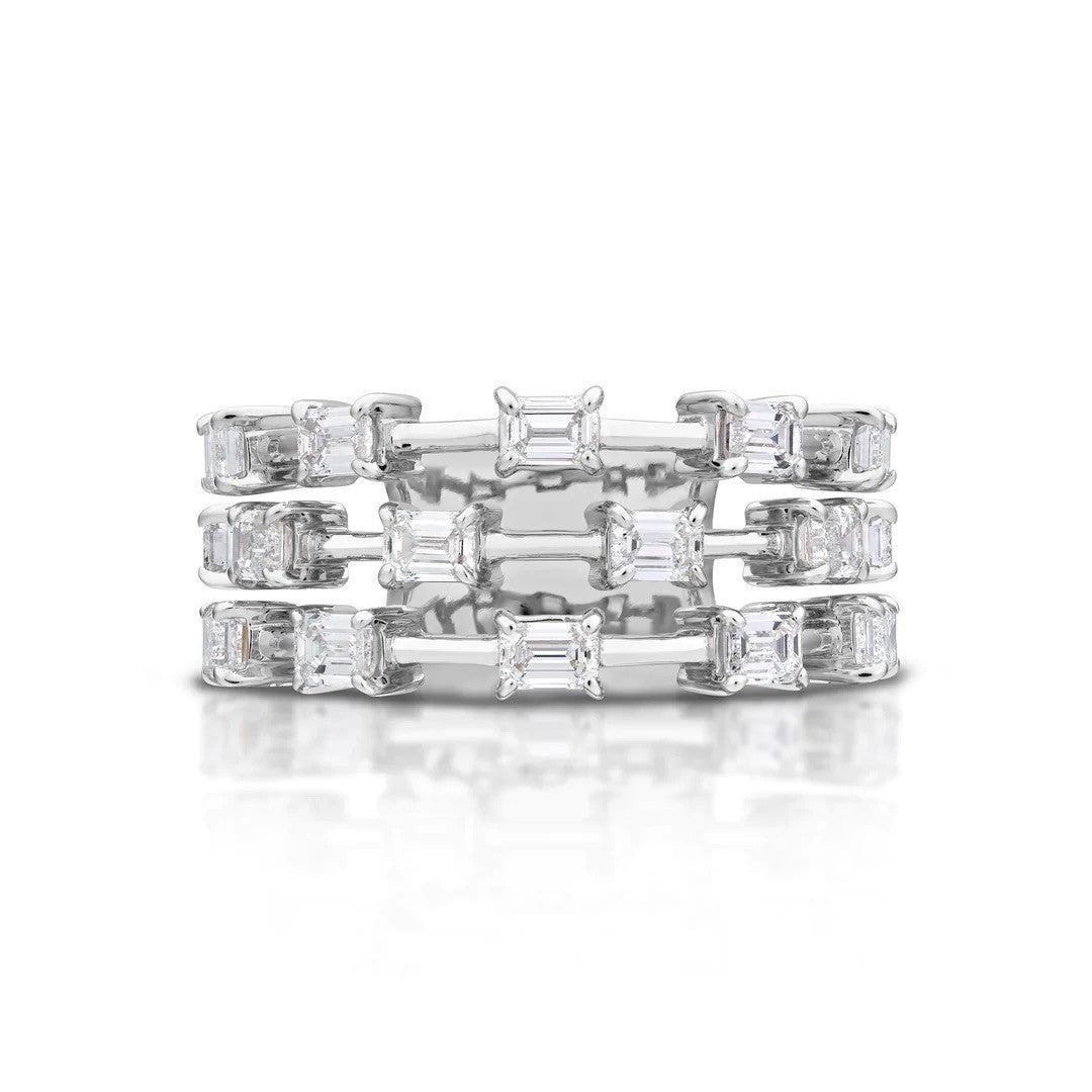 White Gold Emerald Cut Three Row Diamond Band
