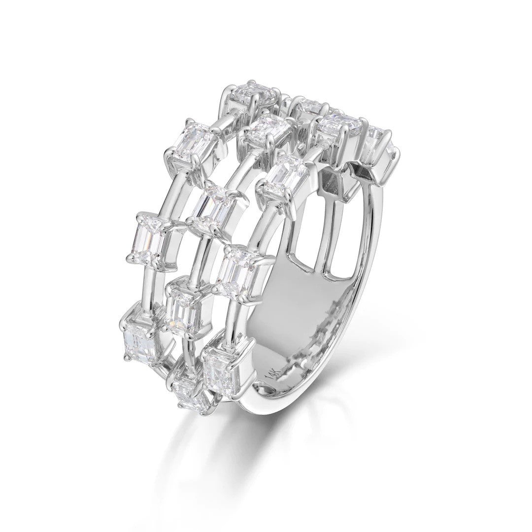 White Gold Emerald Cut Three Row Diamond Band