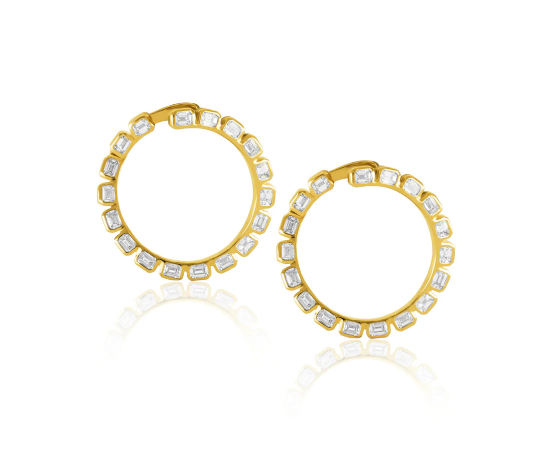 14K Gold Emerald Cut Diamond Bezel Set Earrings