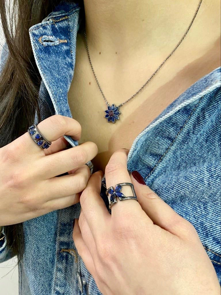 Marquise Blue Sapphire and Oval Ruby Fiore Pendant