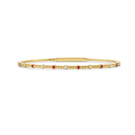 14K Gold Halfway Diamond and Ruby Flexible Bangle