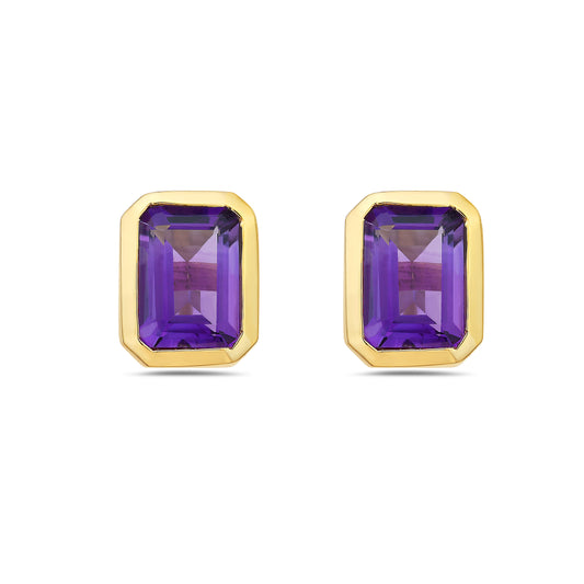 14K Gold Amethyst 7x5 Emerald Cut Bezel Studs