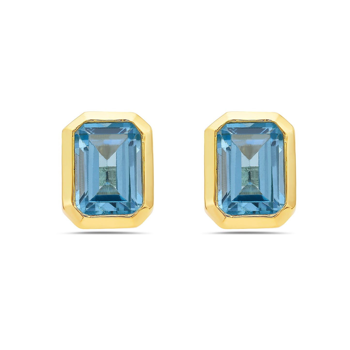 14K Gold Blue Topaz 7x5 Emerald Cut Bezel Studs