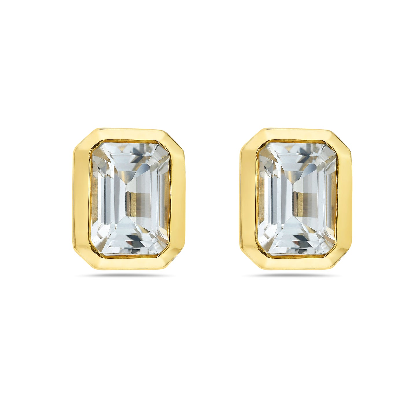 14K Gold White Topaz 7x5 Emerald Cut Bezel Studs