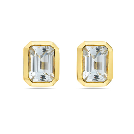 14K Gold White Topaz 7x5 Emerald Cut Bezel Studs