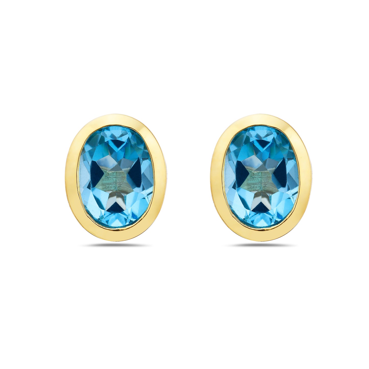 14K Yellow Swiss Blue Topaz Bezel Set 8x6 Oval Studs