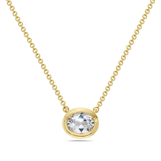 14K Gold White Topaz Bezel Set 10x8 Oval Pendant