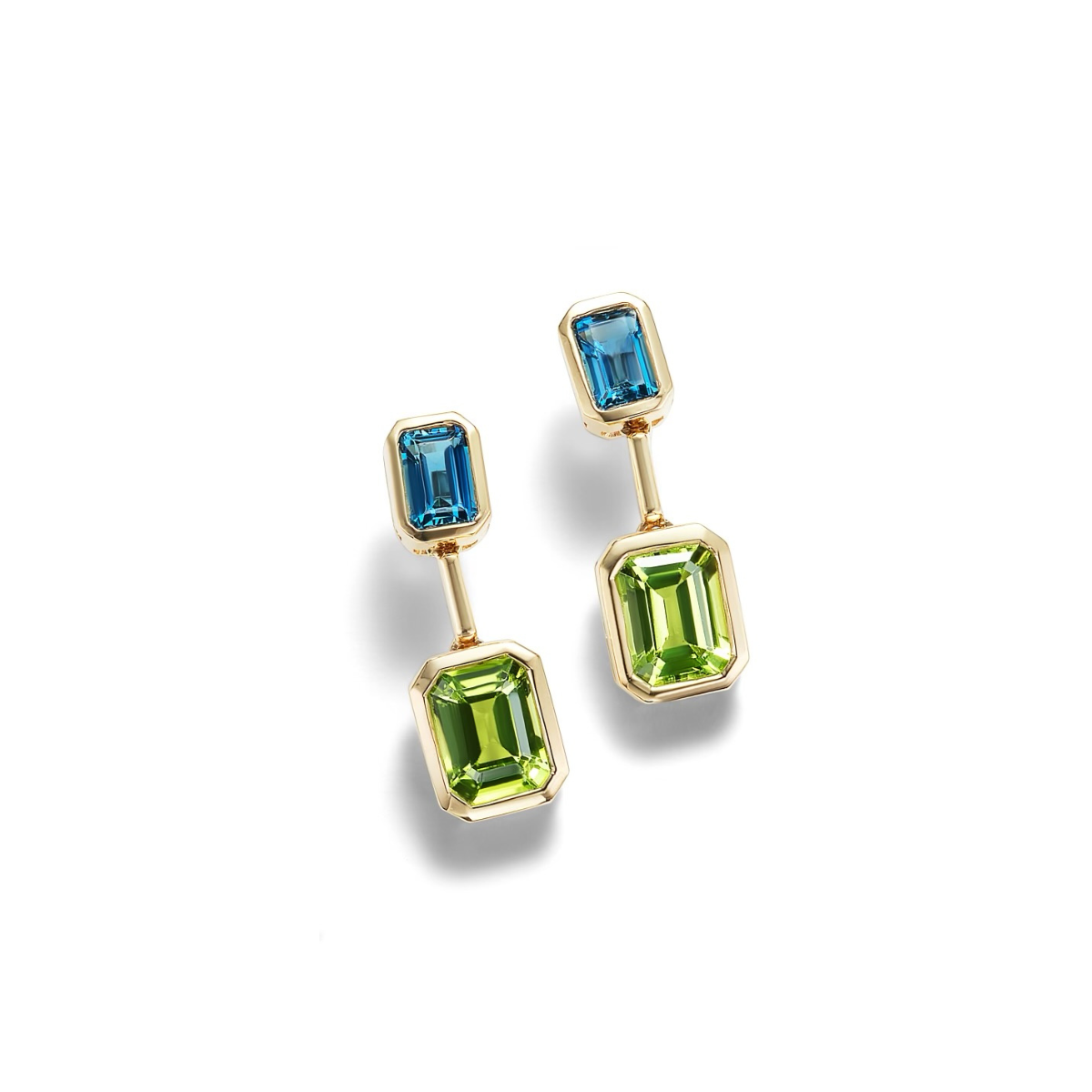 14K Gold Emerald Cut Two Tone Bezel Set Drop Earrings